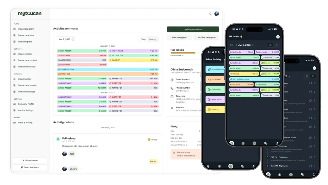 mytoucan consultant dashboard beside the parent sleep-log app